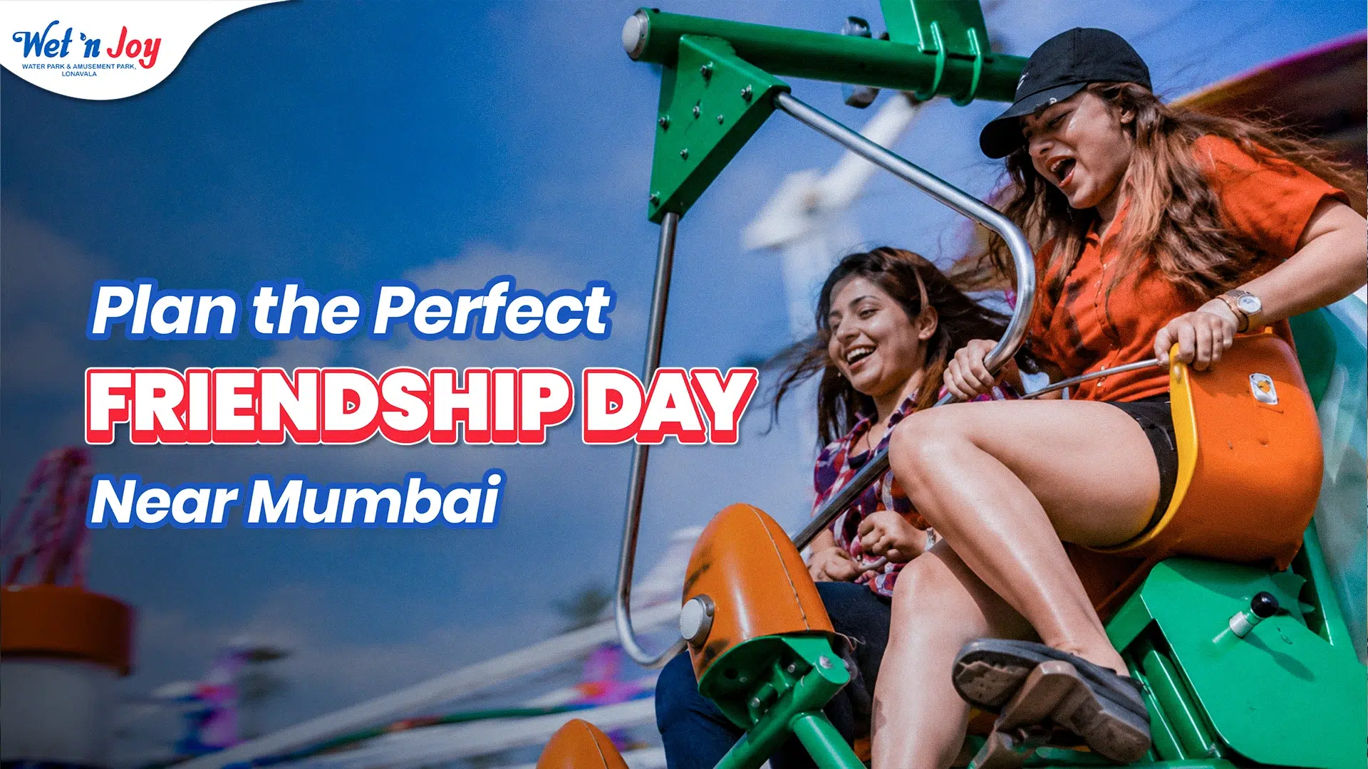 Friends enjoying an amusement ride at Wet'nJoy Lonavala while celebrating Friendship Day near Mumbai with thrilling rides and monsoon fun.