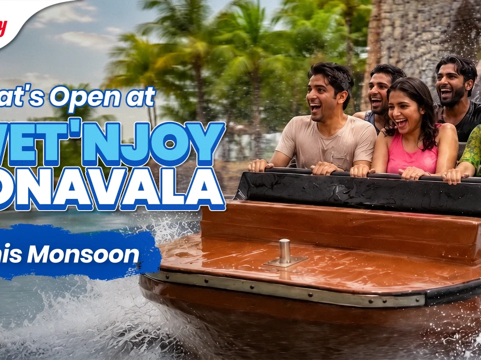 Visitors enjoying the Super Splash amusement ride at Wet'nJoy Lonavala during the monsoon with water rides and family attractions.