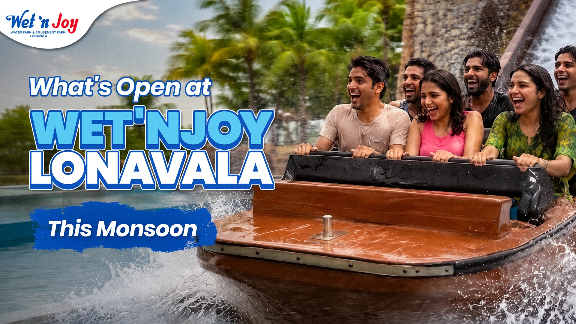Visitors enjoying the Super Splash amusement ride at Wet'nJoy Lonavala during the monsoon with water rides and family attractions.