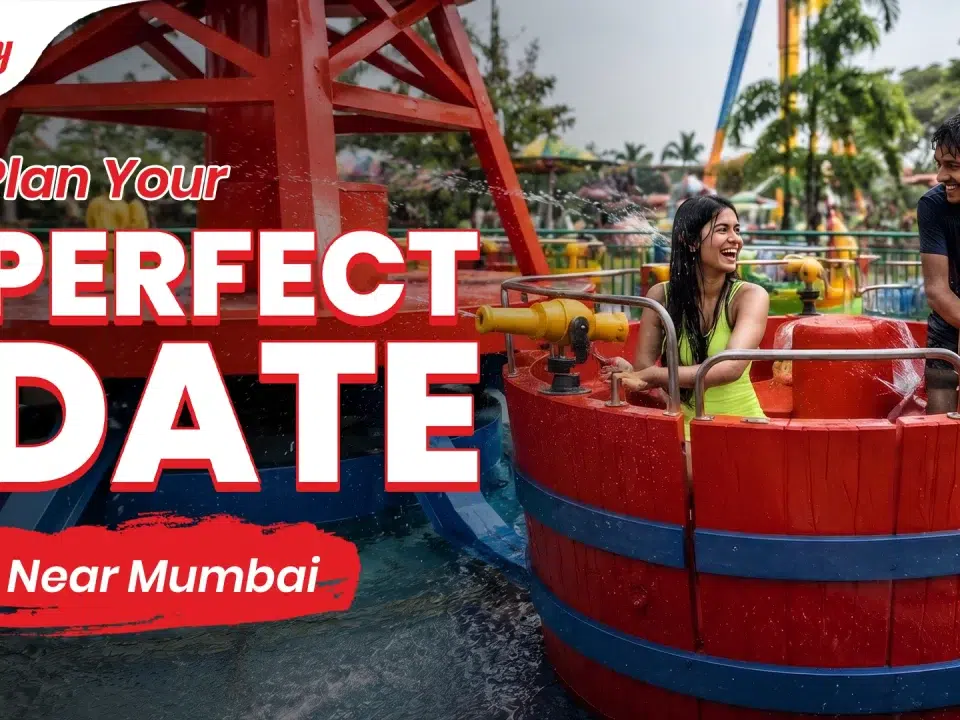 Couple enjoying an amusement park ride at Wet'nJoy Lonavala, one of the best places to visit near Mumbai for couples during the monsoon.