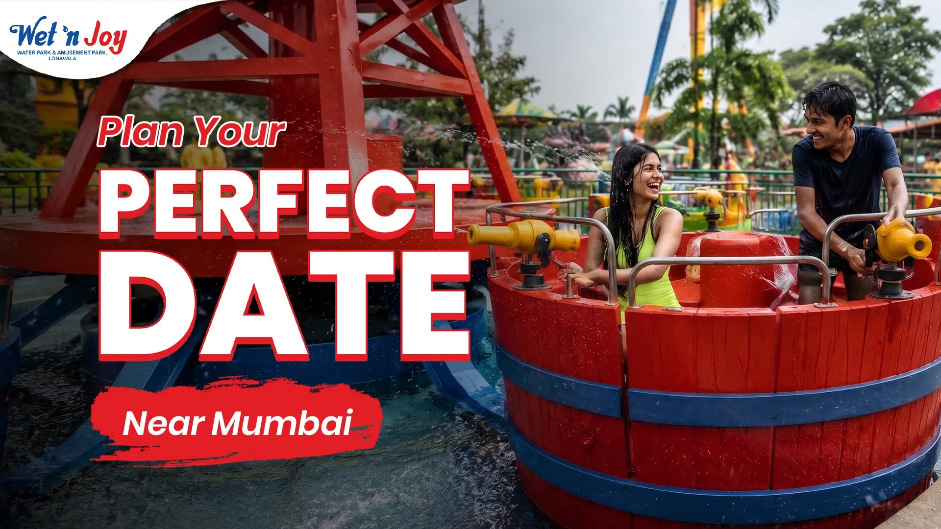 Couple enjoying an amusement park ride at Wet'nJoy Lonavala, one of the best places to visit near Mumbai for couples during the monsoon.