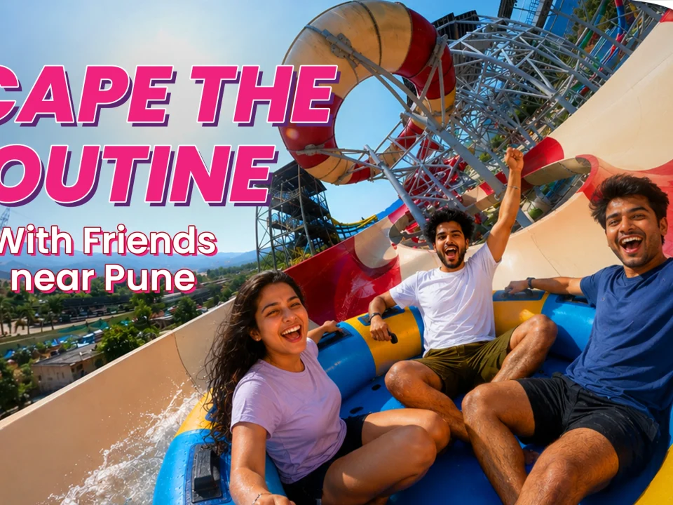 Friends enjoying a water slide at Wet’nJoy Lonavala, a fun thing to do near Pune