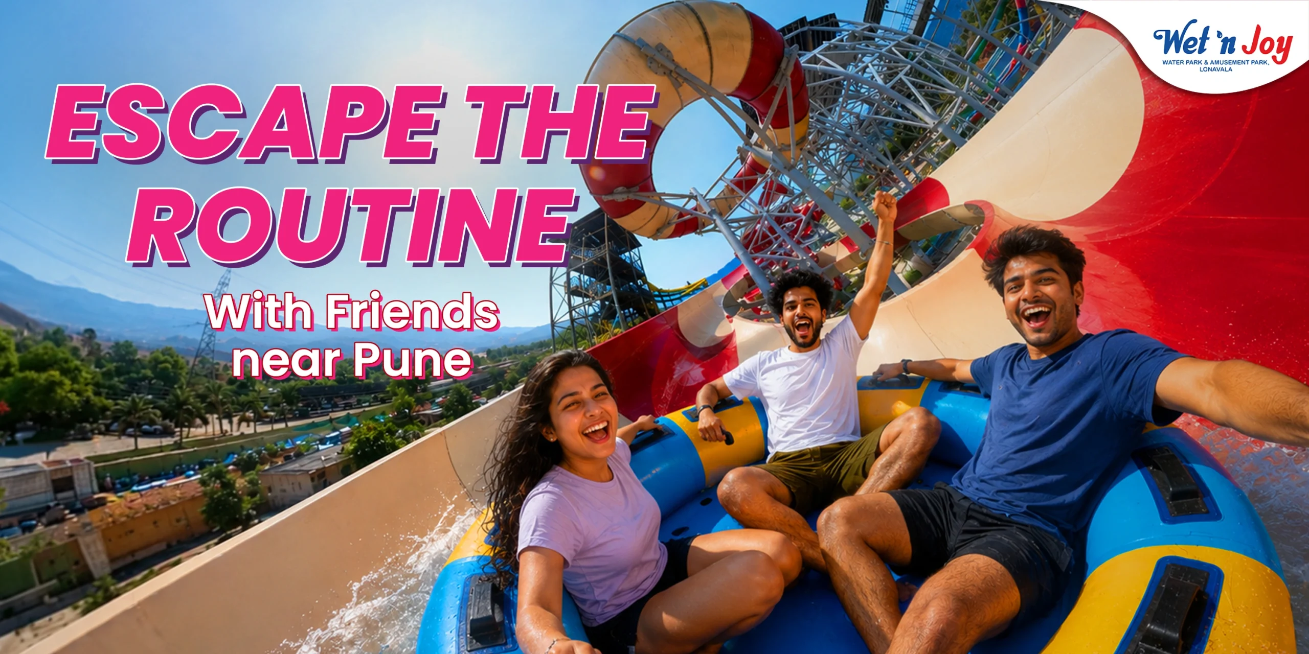 Friends enjoying a water slide at Wet’nJoy Lonavala, a fun thing to do near Pune