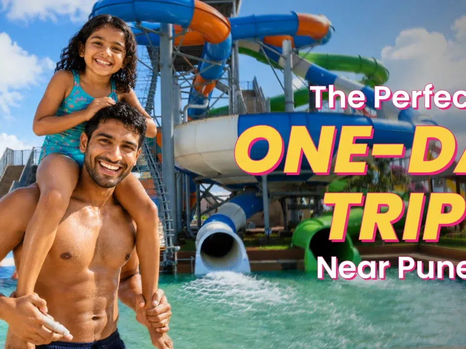 Family enjoying a water park ride at Wet’nJoy, Lonavala during a one-day trip near Pune