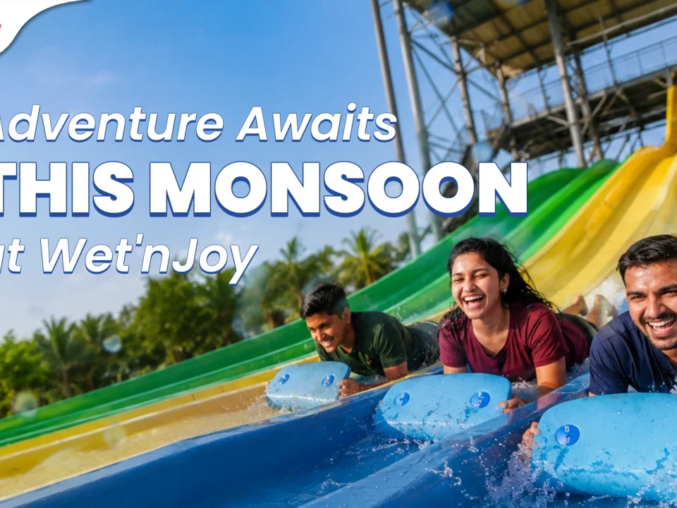 Friends enjoying adventure water rides at Wet’nJoy water park in Lonavala during the monsoon.