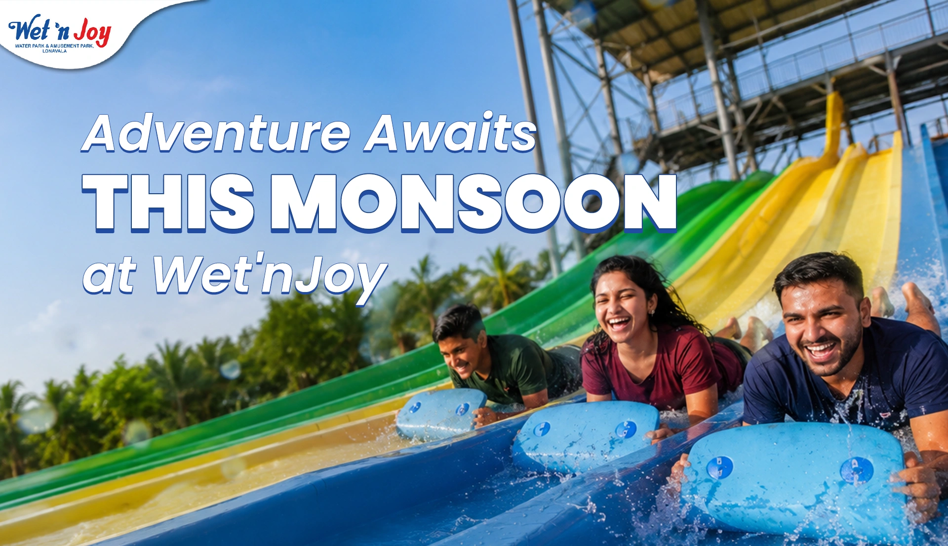 Friends enjoying adventure water rides at Wet’nJoy water park in Lonavala during the monsoon.