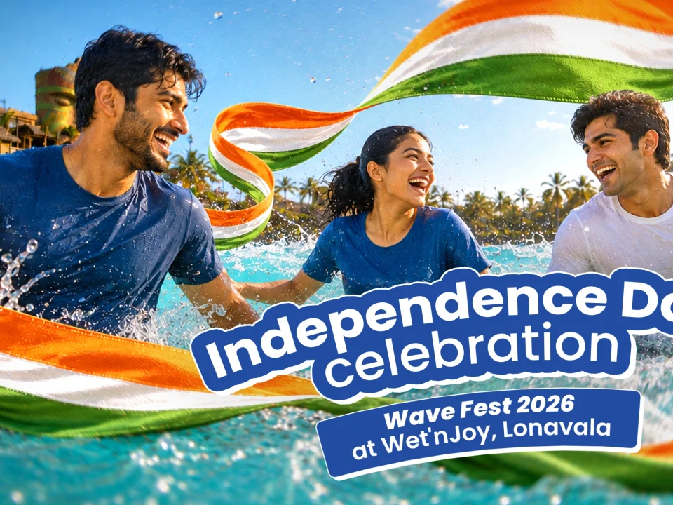 Friends celebrating Independence Day at Wet’nJoy Lonavala during Wave Fest 2026