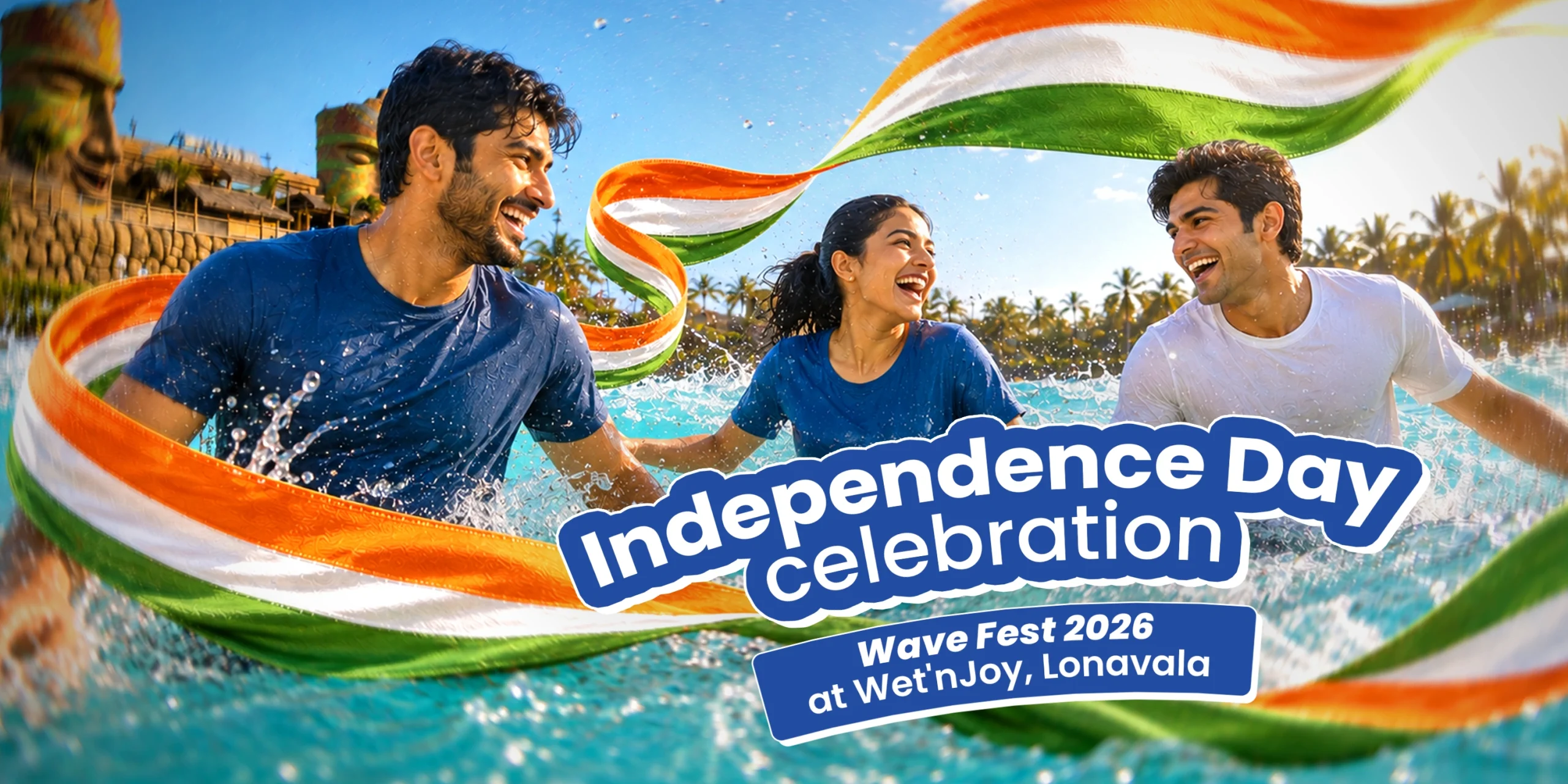 Friends celebrating Independence Day at Wet’nJoy Lonavala during Wave Fest 2026