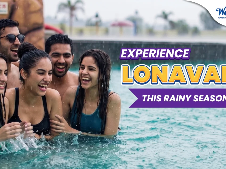 Wet’nJoy, Lonavala visitors enjoying a water park experience during the rainy season in India.