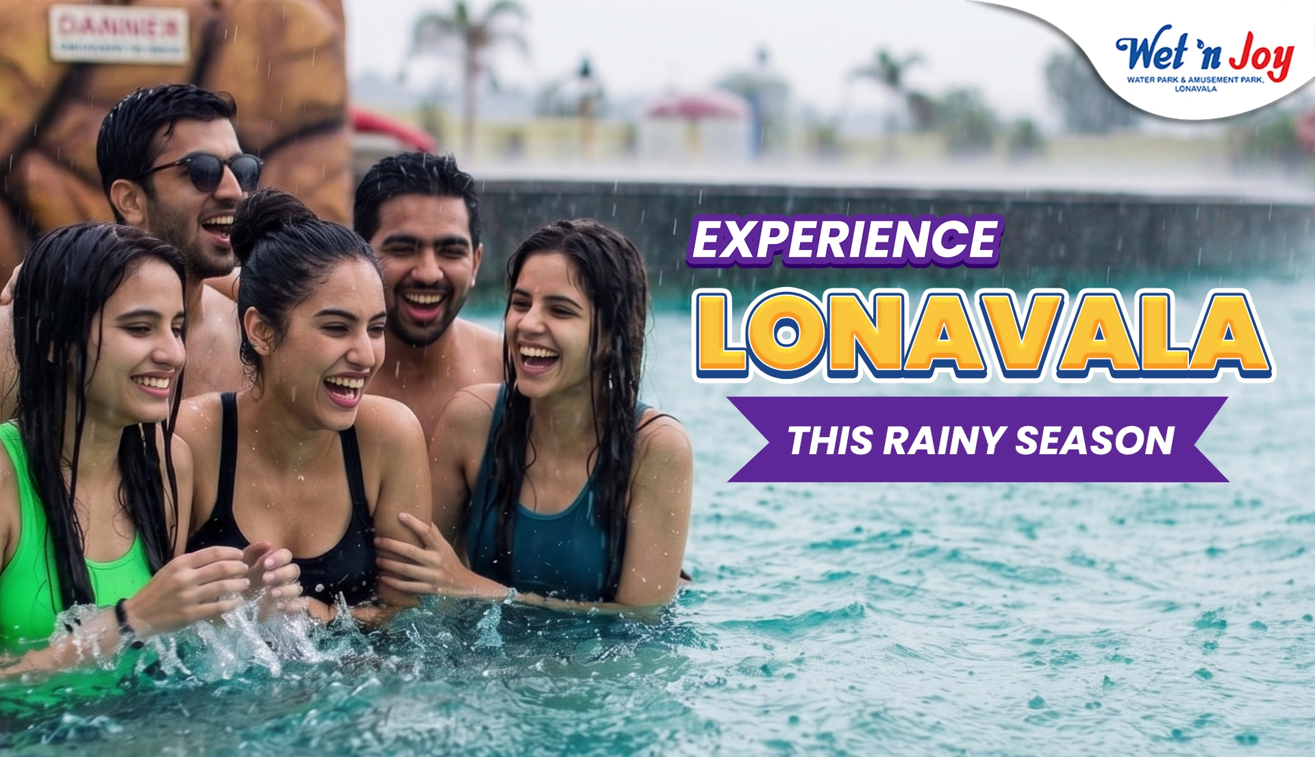 Wet’nJoy, Lonavala visitors enjoying a water park experience during the rainy season in India.