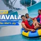 Image of three people enjoying a water ride at Wet’n’Joy Water Park in Lonavala, with text promoting places to visit in Lonavala.