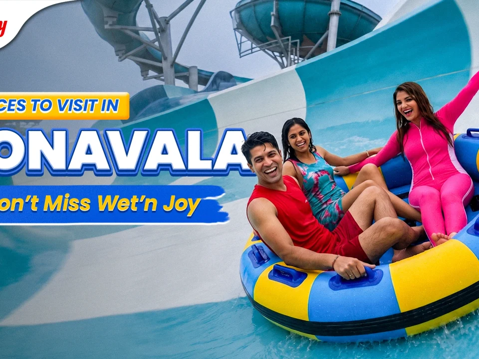 Image of three people enjoying a water ride at Wet’n’Joy Water Park in Lonavala, with text promoting places to visit in Lonavala.
